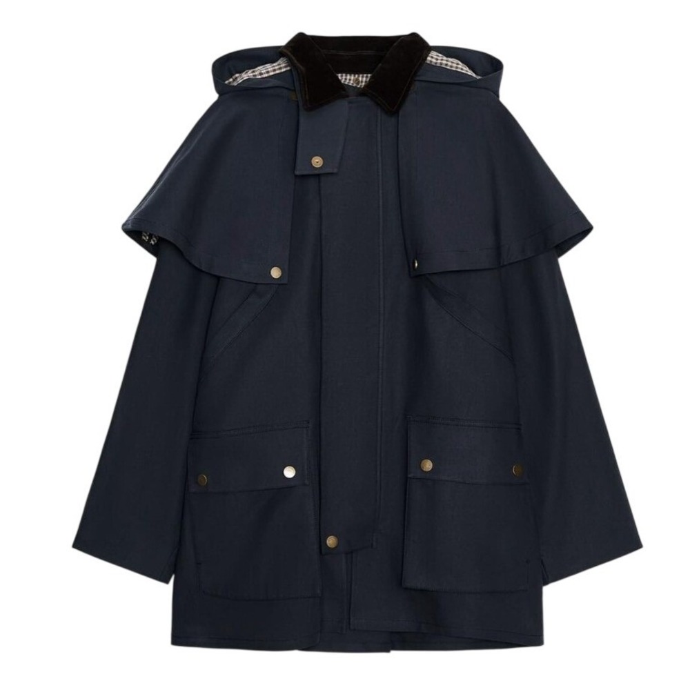 NWT Zara Rain Jacket Medium Navy Blue Cape Back Hooded Corduroy Collar Coat